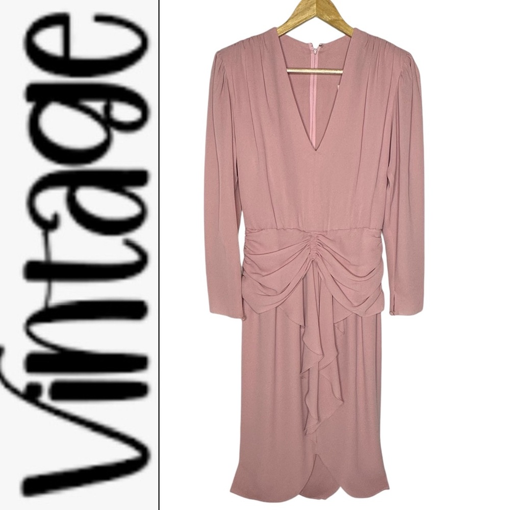 Vintage 80’s Martinique Crepe V-Neck Cascading Ruffle Dress 8 Salmon